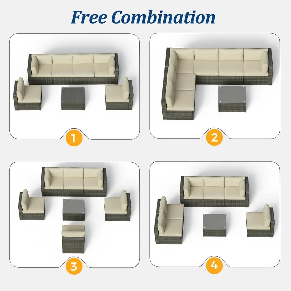 SUNVIVI 7 Pieces Patio Furniture Sets, All-Weather PE Grey Wicker Outdoor Rattan Sectional Sofa, Patio Sofa Couch with Table and Beige Cushions