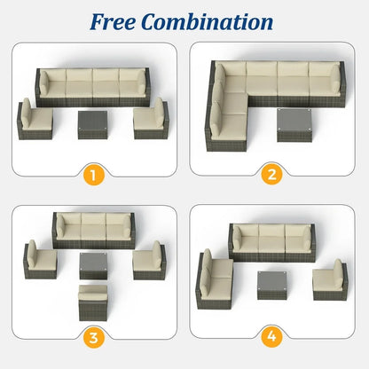 SUNVIVI 7 Pieces Patio Furniture Sets, All-Weather PE Grey Wicker Outdoor Rattan Sectional Sofa, Patio Sofa Couch with Table and Beige Cushions