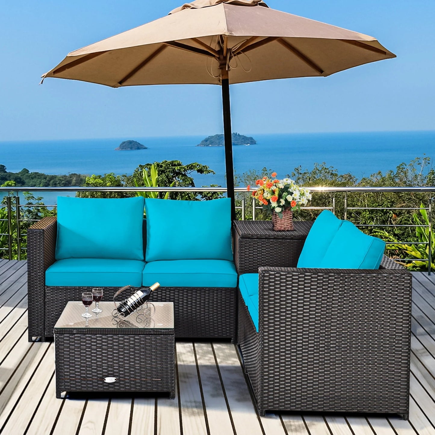 Gymax 8PCS Cushioned Rattan Patio Conversation Set w/Side Table Turquoise Cushion