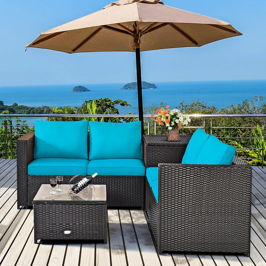 Gymax 8PCS Cushioned Rattan Patio Conversation Set w/Side Table Turquoise Cushion