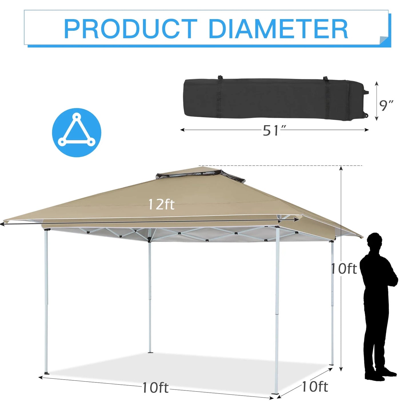 AVAWING 12x12 ft Outdoor Pop-up Canopy Party Tent Easy Setup Patio Wedding Tent, Khaki