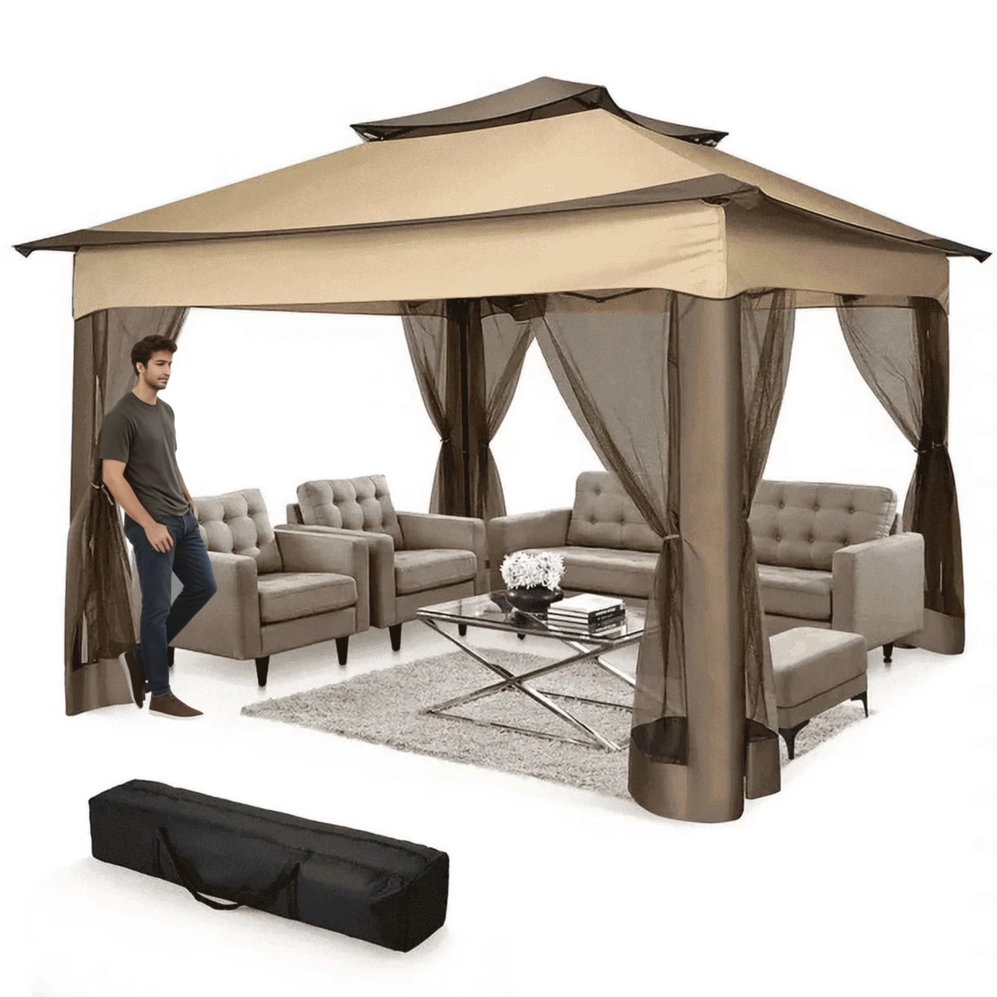 COBIZI 12x12 Outdoor Gazebo Pop Up Gazebo Canopy with Mosquito Netting Patio Tent Backyard Canopy with 2-Tiered Vented Top 3 Adjustable Height, Beige