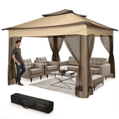 COBIZI 12x12 Outdoor Gazebo Pop Up Gazebo Canopy with Mosquito Netting Patio Tent Backyard Canopy with 2-Tiered Vented Top 3 Adjustable Height, Beige