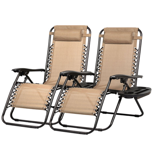 Nazhura Set of 2 Relaxing Recliners Patio Chairs Adjustable Steel Mesh Zero Gravity Lounge Chair Recliners with Pillow and Cup Holder (Khaki)