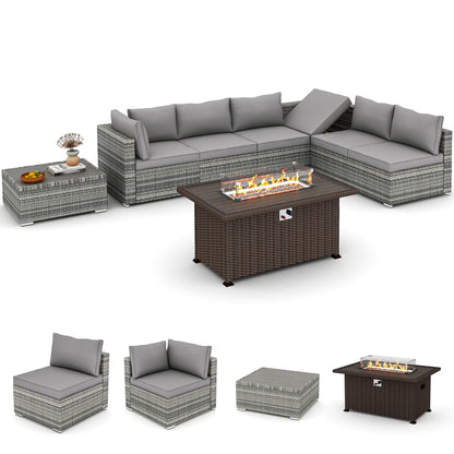 HOMREST 7 Pieces Outdoor Patio Furniture Set with 44" Propane Fire Pit Table, PE Rattan Sectional Sofa Conversation Set w/Adjustable Bracket,Wood Coffee Table for BackyardGrey