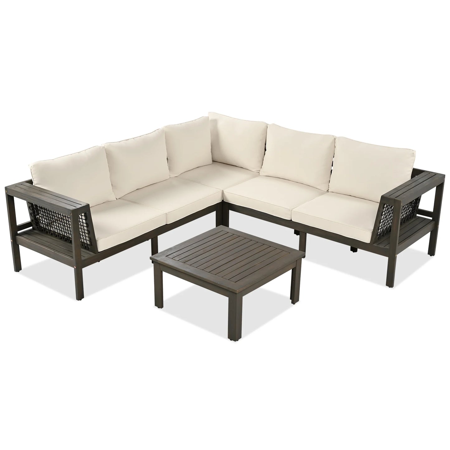 Harper & Bright Designs Patio L-Shaped Conversation Sectional Sofa Set with Coffee Table, Outdoor Acacia Wood Seating Group with Side Table for Backyard Garden, Beige, Grayish Brown