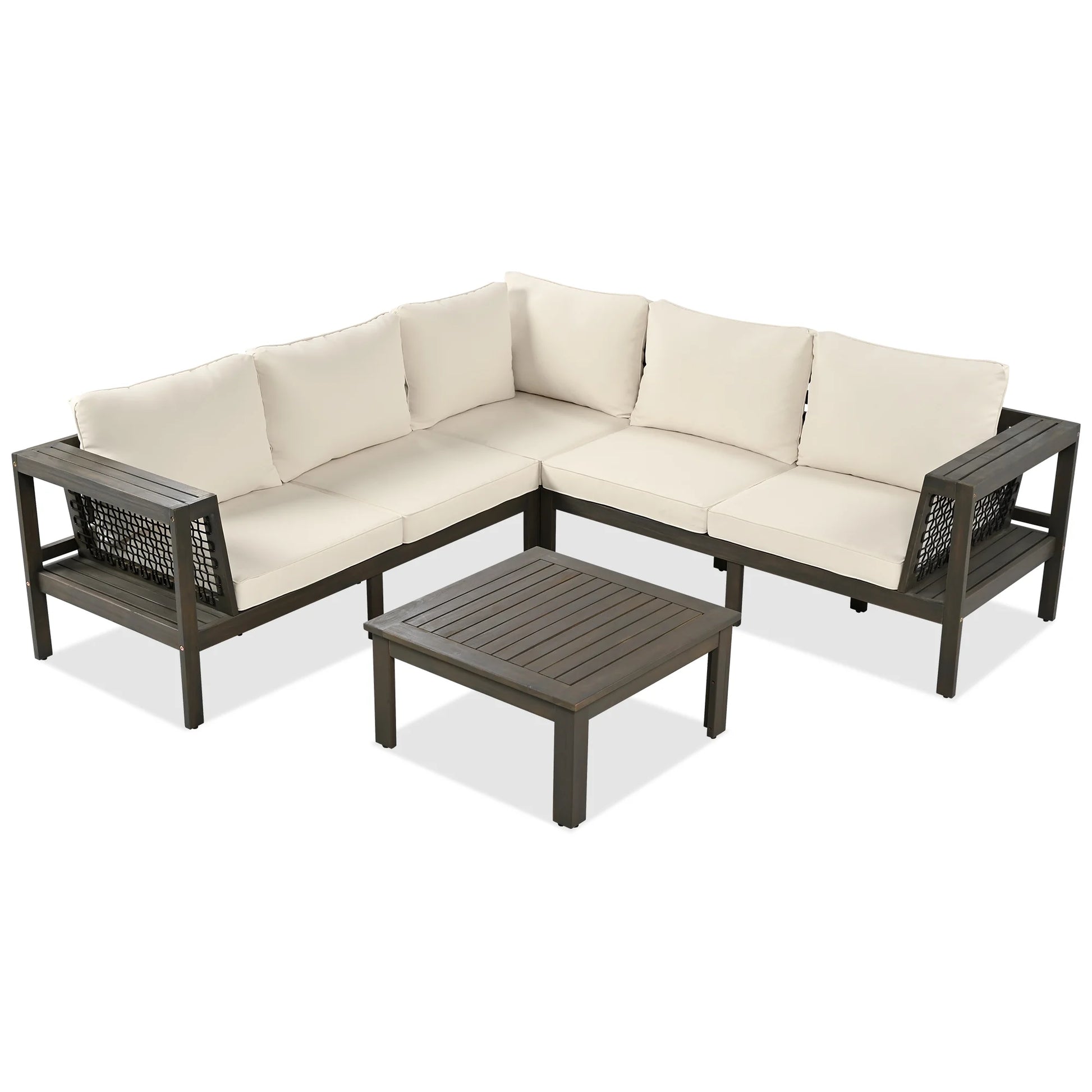 Harper & Bright Designs Patio L-Shaped Conversation Sectional Sofa Set with Coffee Table, Outdoor Acacia Wood Seating Group with Side Table for Backyard Garden, Beige, Grayish Brown