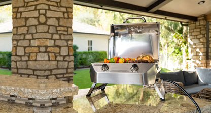Nexgrill Stainless Steel 2-Burner Portable Gas Grill with Locking Lid, Folding Legs, 20,000 BTUs, 251 SQ In Cooking Space, Tabletop Grill for Camping, Outdoor Cooking, Patios, and More - 820-0007GE