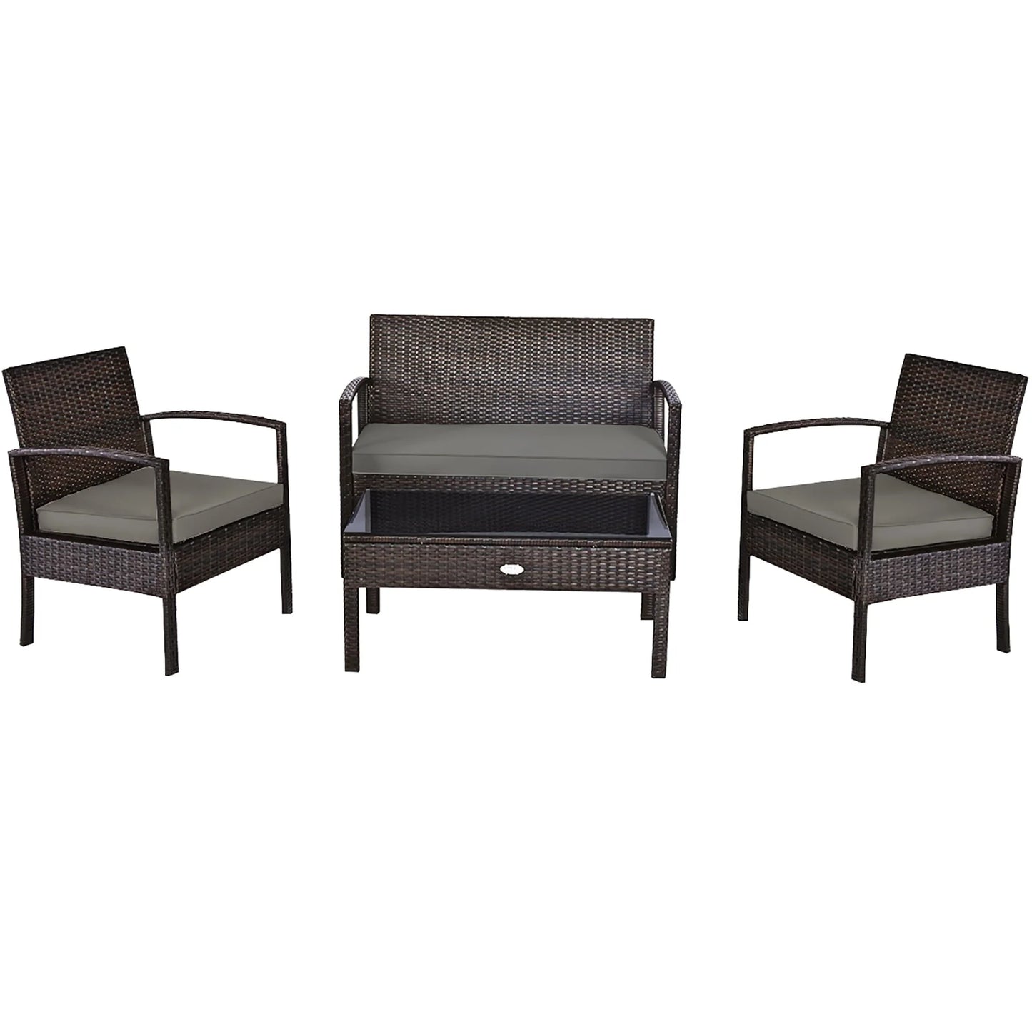 Costway 4PCS Patio Rattan Wicker Furniture Set Brown Loveseat Sofa Cushioned Garden Yard Brown