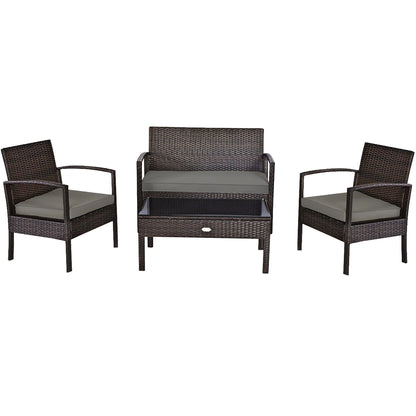 Costway 4PCS Patio Rattan Wicker Furniture Set Brown Loveseat Sofa Cushioned Garden Yard Brown