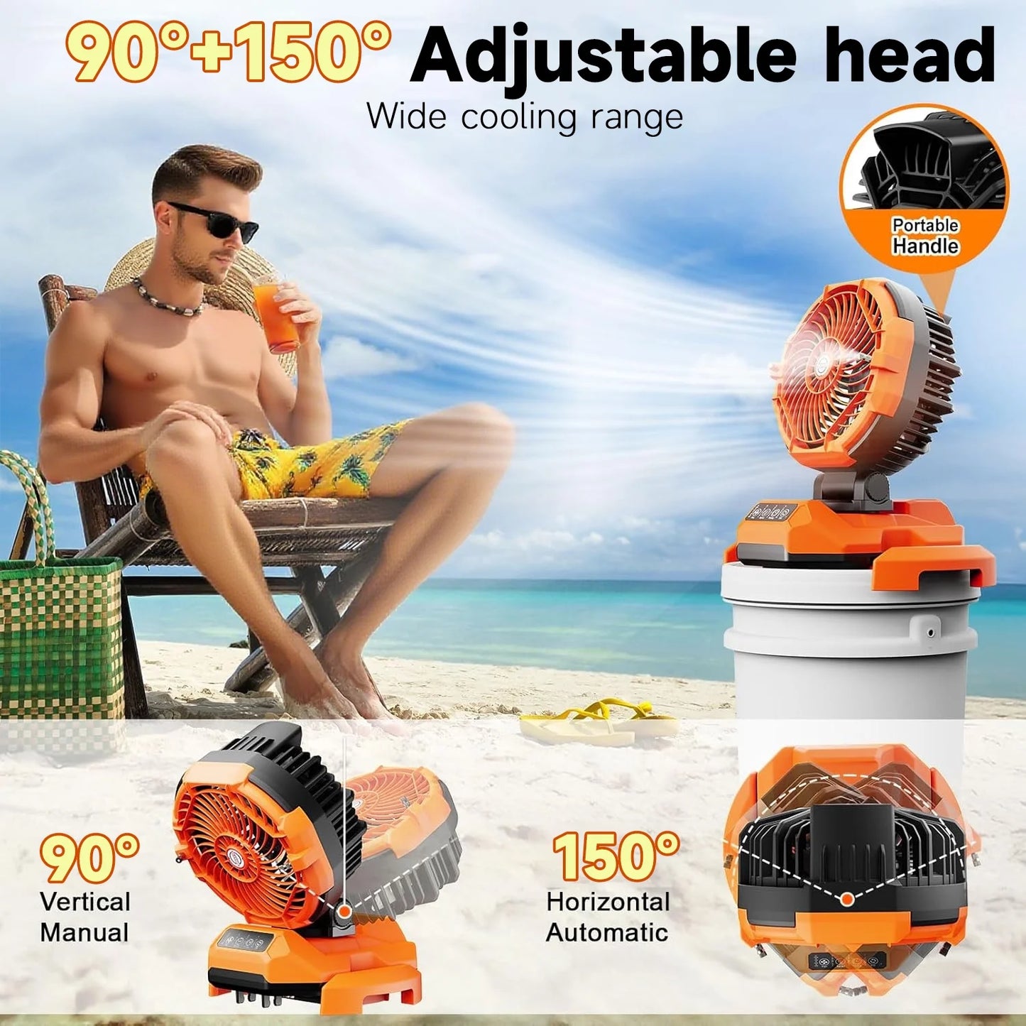 Portable Misting Fan - 30000mAh Battery Powered, 4-Speed Cooling Fan with Adjustable Spray, 120? Oscillation for Camping, Patio, Adjustable Base for 10-13in Water Tank(No Bucket Included)