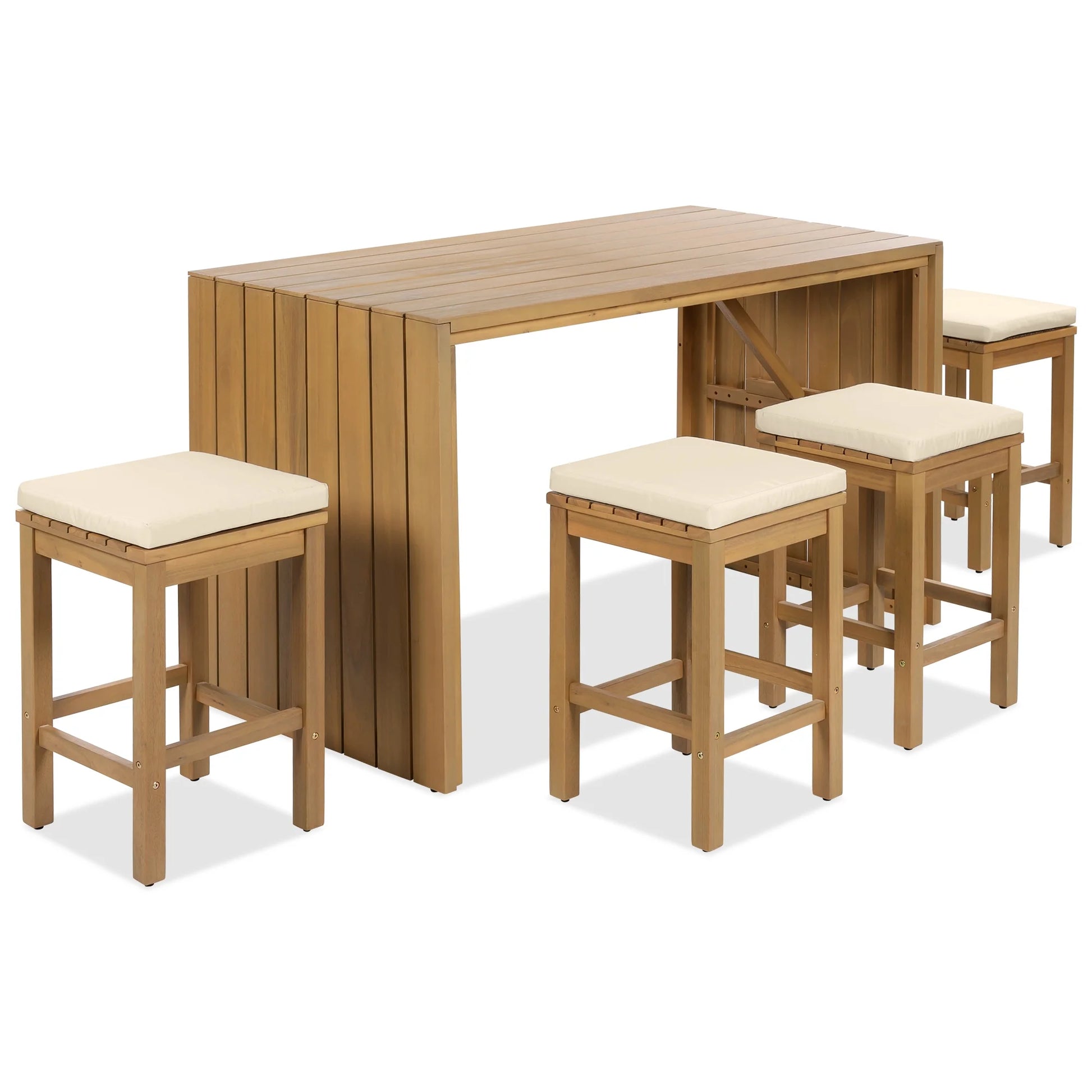Kumix 5 Piece Outdoor Bar Set, Patio Acacia Wood Bar Height Table & Four Stools with Cushions, Wood Dining Bar Set for Backyard, Poolside, Balcony, Beige