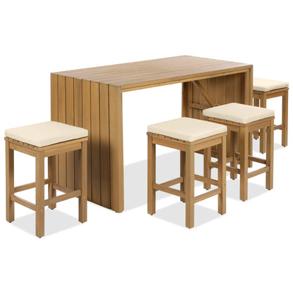 Kumix 5 Piece Outdoor Bar Set, Patio Acacia Wood Bar Height Table & Four Stools with Cushions, Wood Dining Bar Set for Backyard, Poolside, Balcony, Beige