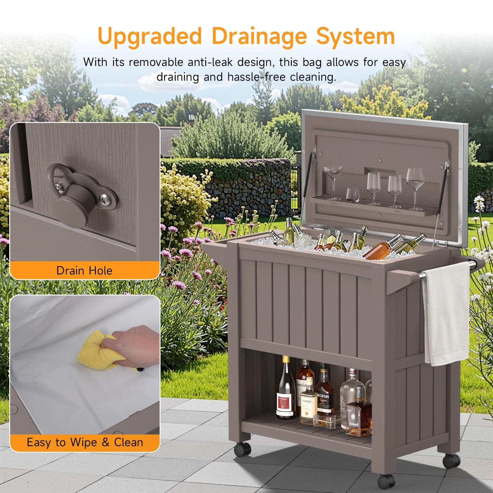 Dovov Portable Outdoor Patio Cooler Cart, 120 Quart Rolling Ice Chest Beverage Bar Cart Cooler with Wheels, Stainless Steel Lid, Bottle Opener, and Bottom Storage Shelf