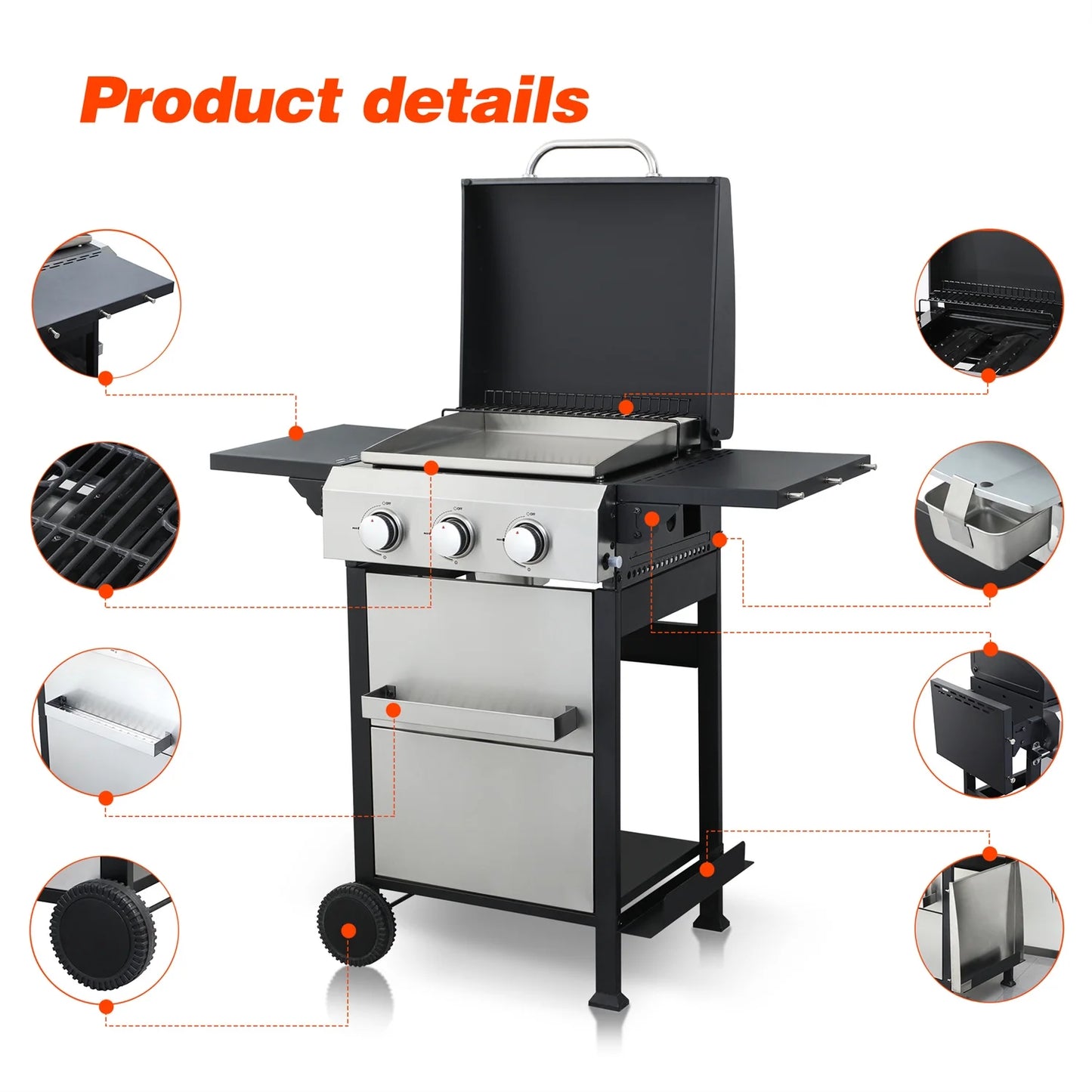 HighSound 2-Burner Propane Gas Grill, 24600 BTU Patio Garden Barbecue Grill with Stainless Steel Tray, Wire Enamel Cooking Grids & Foldable Shelves, Black