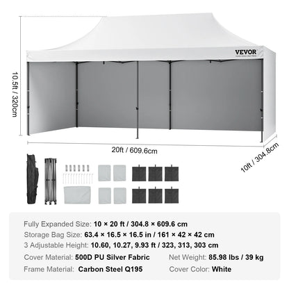 VEVOR 10x20 FT Pop up Canopy with Removable Sidewalls, Instant Canopies Portable Gazebo & Wheeled Bag,UV Resistant Waterproof, Enclosed Canopy Tent for Outdoor Events, Patio, Backyard, Party,Parking