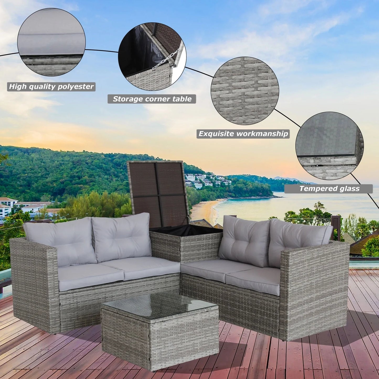 Segmart 4 Piece Rattan Wicker Patio Furniture, Outdoor Conversation Set with Storage Ottoman, All-Weather Rectangle Patio Sofa Wicker Set with Cushions for Backyard Garden Pool