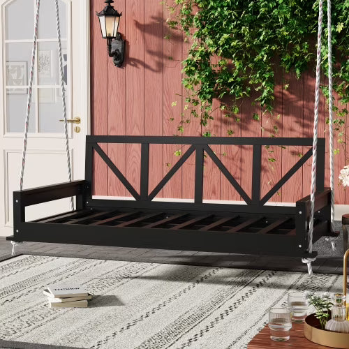 Patio Twin Size Swing Bed, A-cacia Wood Porch Swing Daybed with Hemp Ropes, Safe Sloped Design, Patio Hanging Swing Sofa Bed for Backyard, Garden, Pool, White
