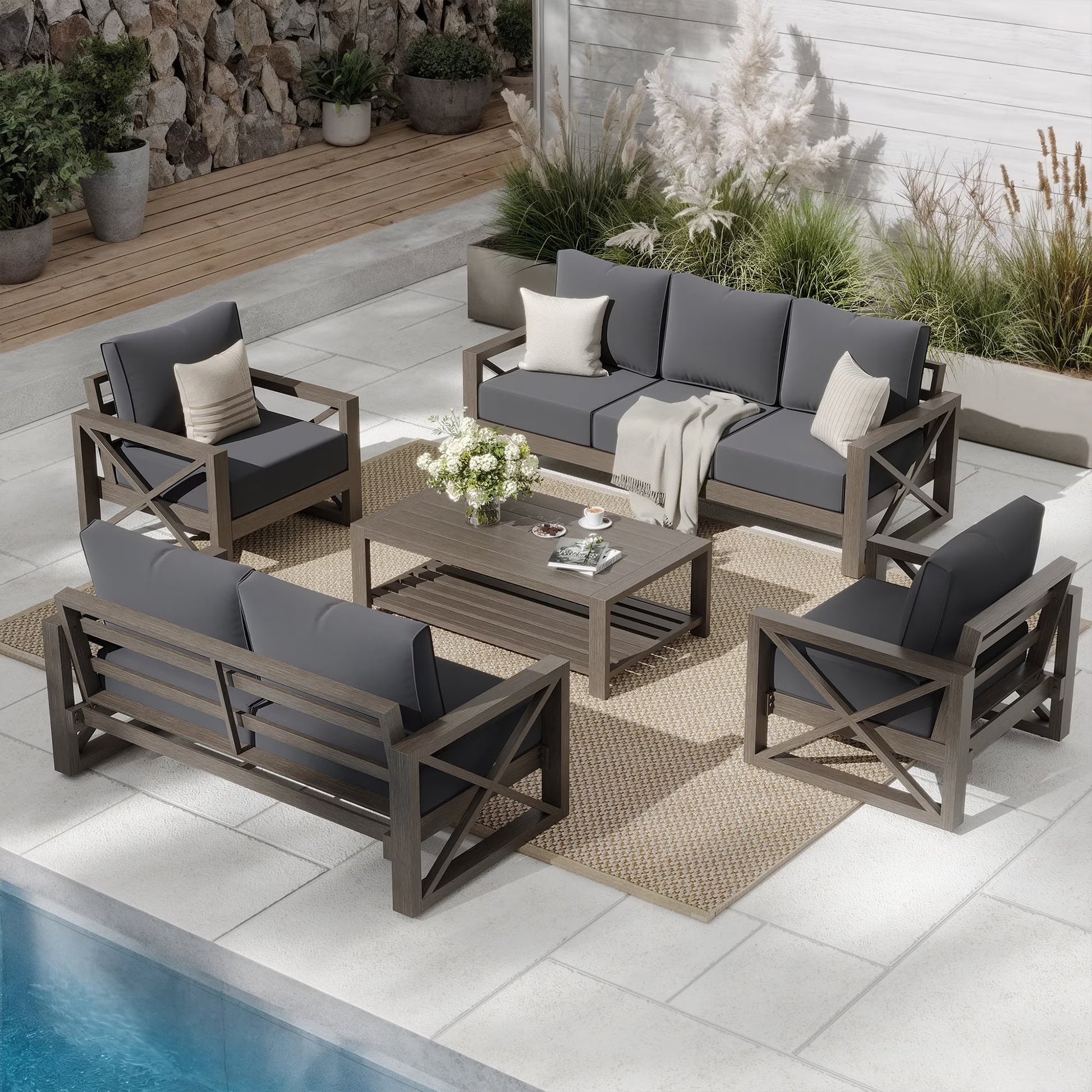 MRUAKA 5 Piece Aluminum Patio Furniture Set Faux Wood Grain Modern Outdoor Furniture Set with 6" Olefin Fabric Cushions and Coffee Table, 600D Waterproof Cover Included, Dark Grey
