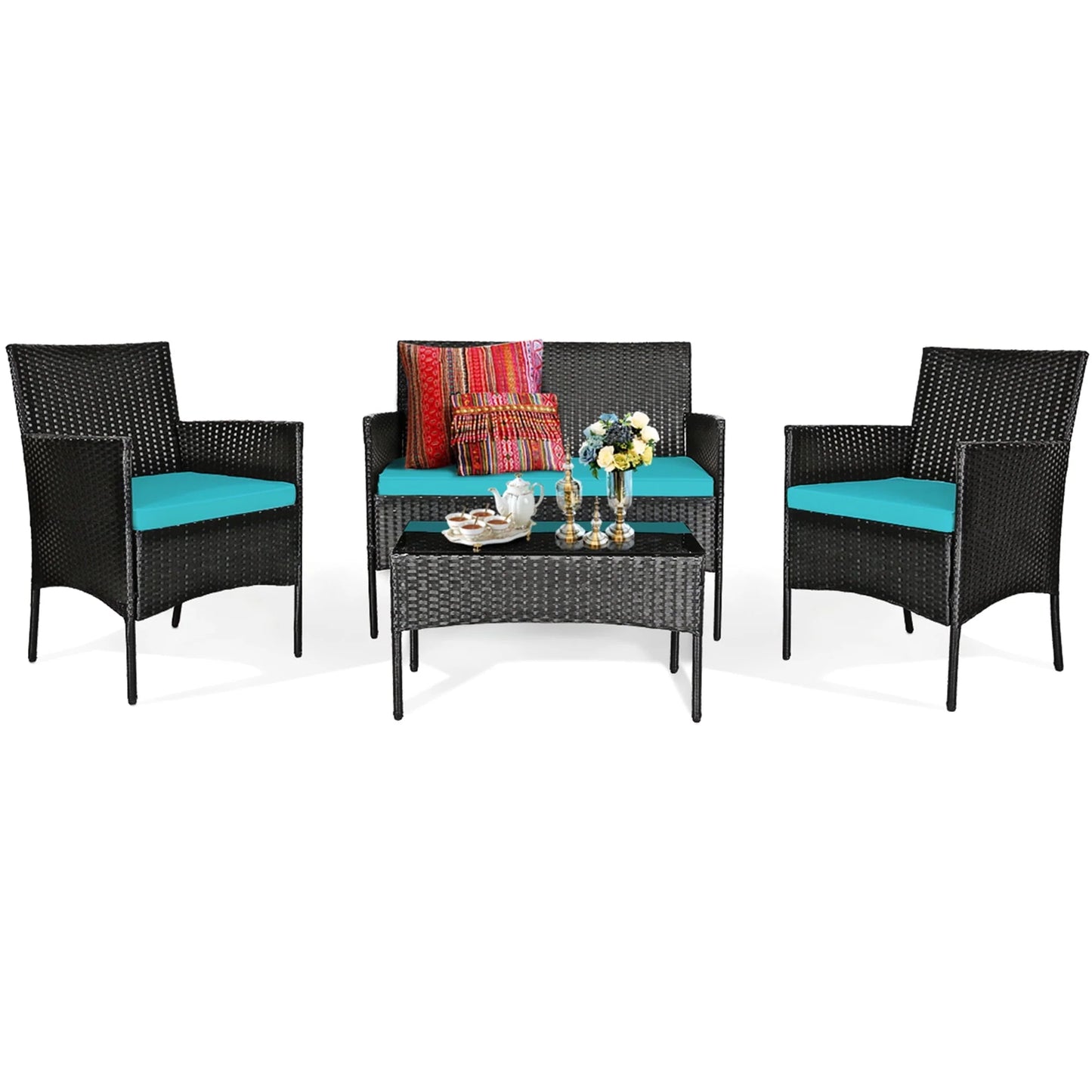 Gymax 4PCS Outdoor Furniture Set Patio Rattan Conversation Set w/Turquoise Cushion