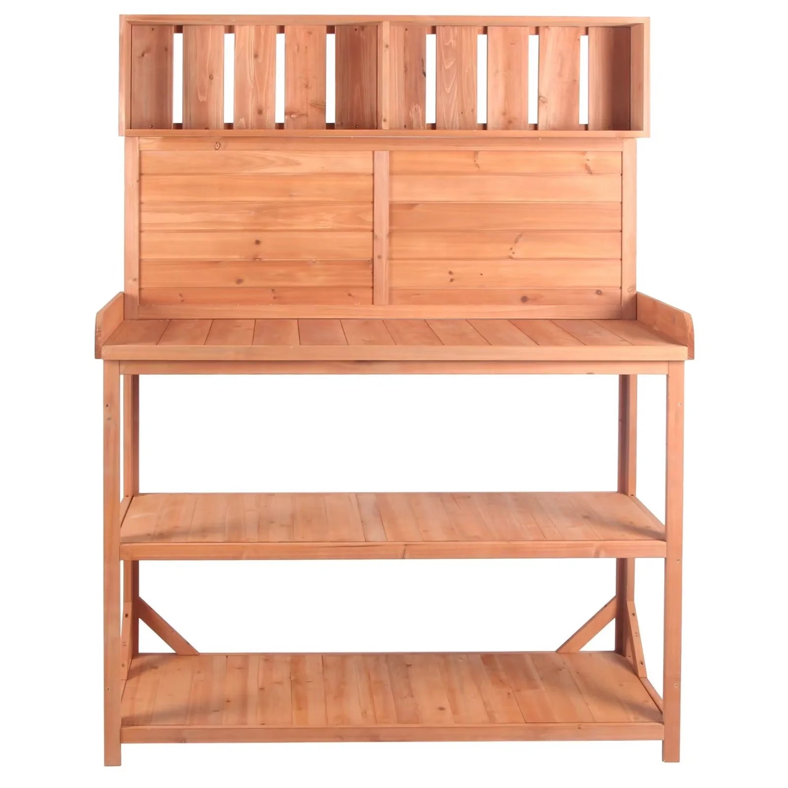 65" Outdoor Potting Bench Table, Farmhouse Wooden Garden Patio Workstation with 4 Storage Shelves and 3 Side Hooks, Multifunctional Potting Planting Table for Mudroom, Backyard, Natural