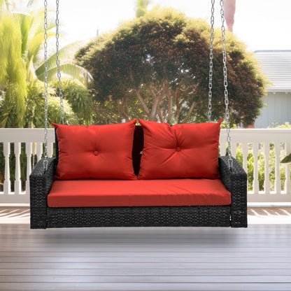 Dextrus 2-Seats Wicker Hanging Porch Swing Chair Outdoor Black Rattan Patio Swing Lounge w/2 Back Cushions Capacity 770lbs for Garden, Balcony, Living Room, Red