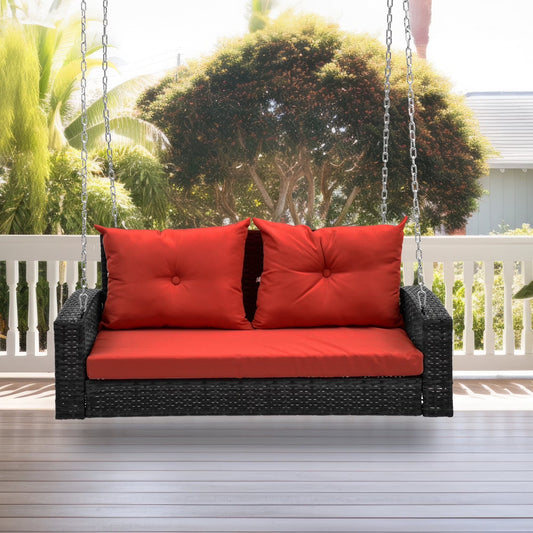 Dextrus 2-Seats Wicker Hanging Porch Swing Chair Outdoor Black Rattan Patio Swing Lounge w/2 Back Cushions Capacity 770lbs for Garden, Balcony, Living Room, Red