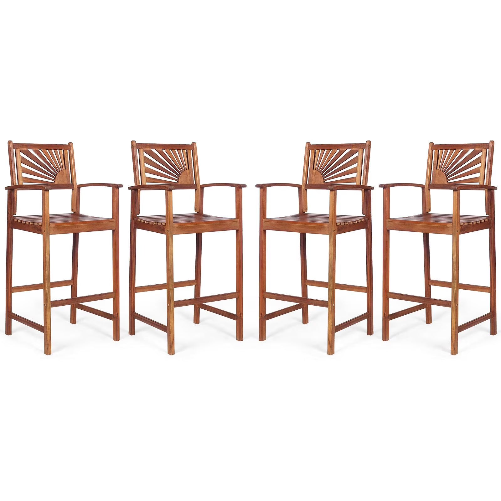 Giantex Patio Bar Stools Set of 4, Outdoor Acacia Wood Bar Chairs with Sunflower Backrest, Curved Armrests & Breathable Seat, Ideal for Balcony, Sunroom, Patio, Easy Assembly