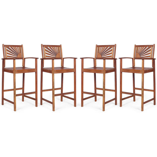 Giantex Patio Bar Stools Set of 4, Outdoor Acacia Wood Bar Chairs with Sunflower Backrest, Curved Armrests & Breathable Seat, Ideal for Balcony, Sunroom, Patio, Easy Assembly