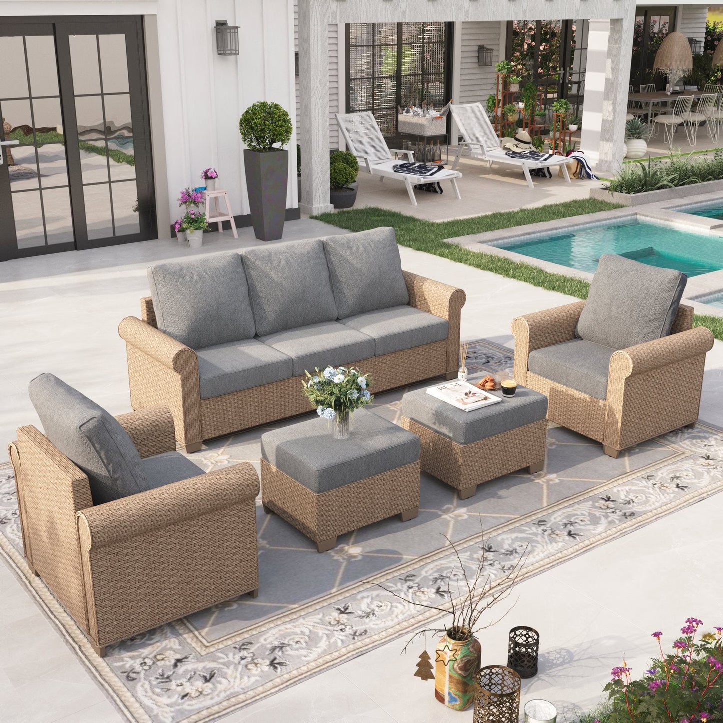 Sophia & William 6 Pieces Wicker Patio Furniture Set 7-Seat Outdoor Cushioned Conversation Set with Coffe Table, Beige