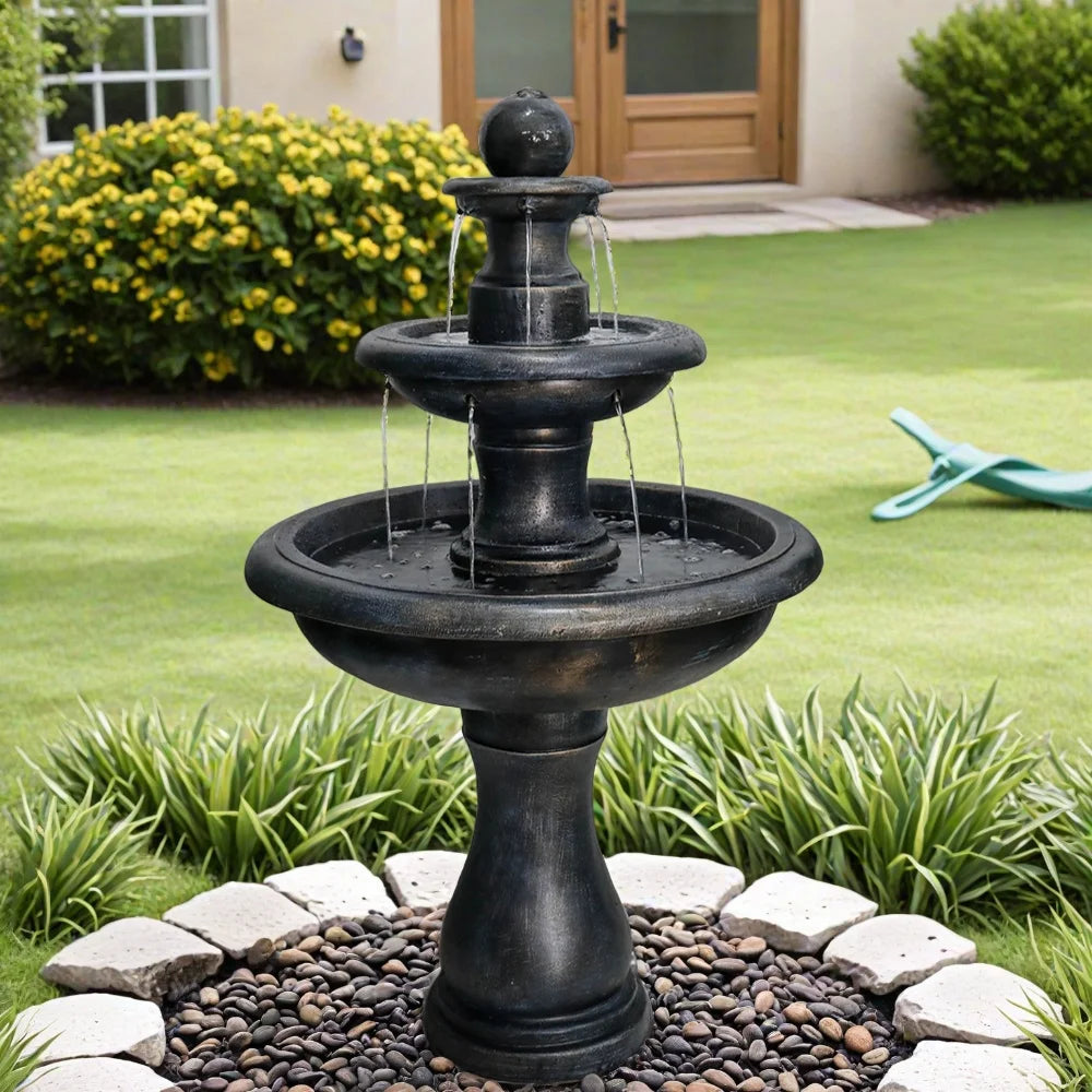 3-Tiers Modern Concrete Outdoor/Indoors Floor Fountain - Round Large Outdoor Freestanding Waterfalls Fountains for Garden, Patio, Yard, and Deck Decor