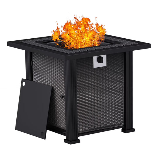 28 Inch Propane Fire Pit Table, Rattan & Wicker-Look 50,000 BTU Gas Firepits with Fire Glass for Outside Patio and Garden