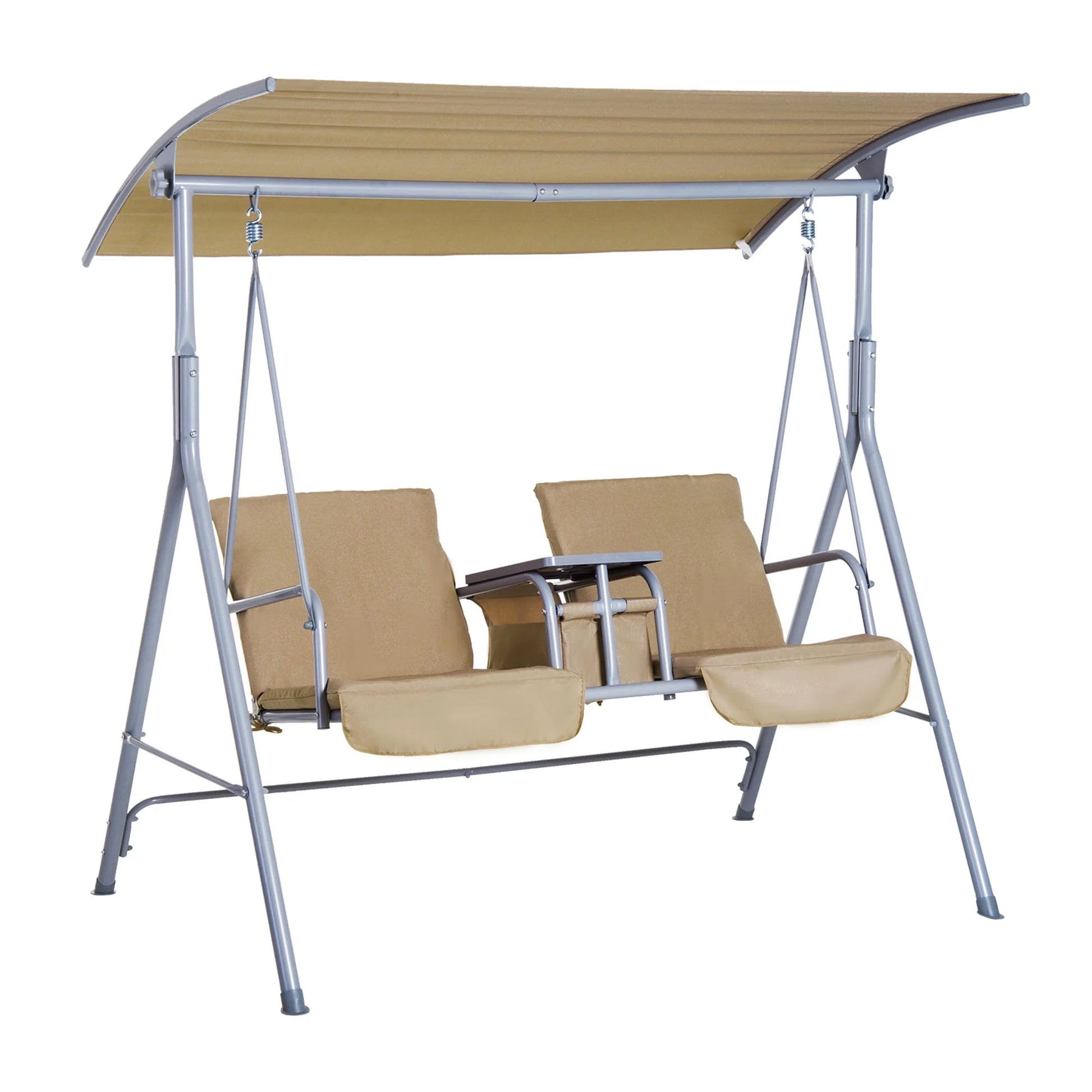 Outsunny 2 Person Porch Swing with Stand, Outdoor Swing with Canopy, Pivot Storage Table, 2 Cup Holders, Cushions for Patio, Backyard, Dark Blue