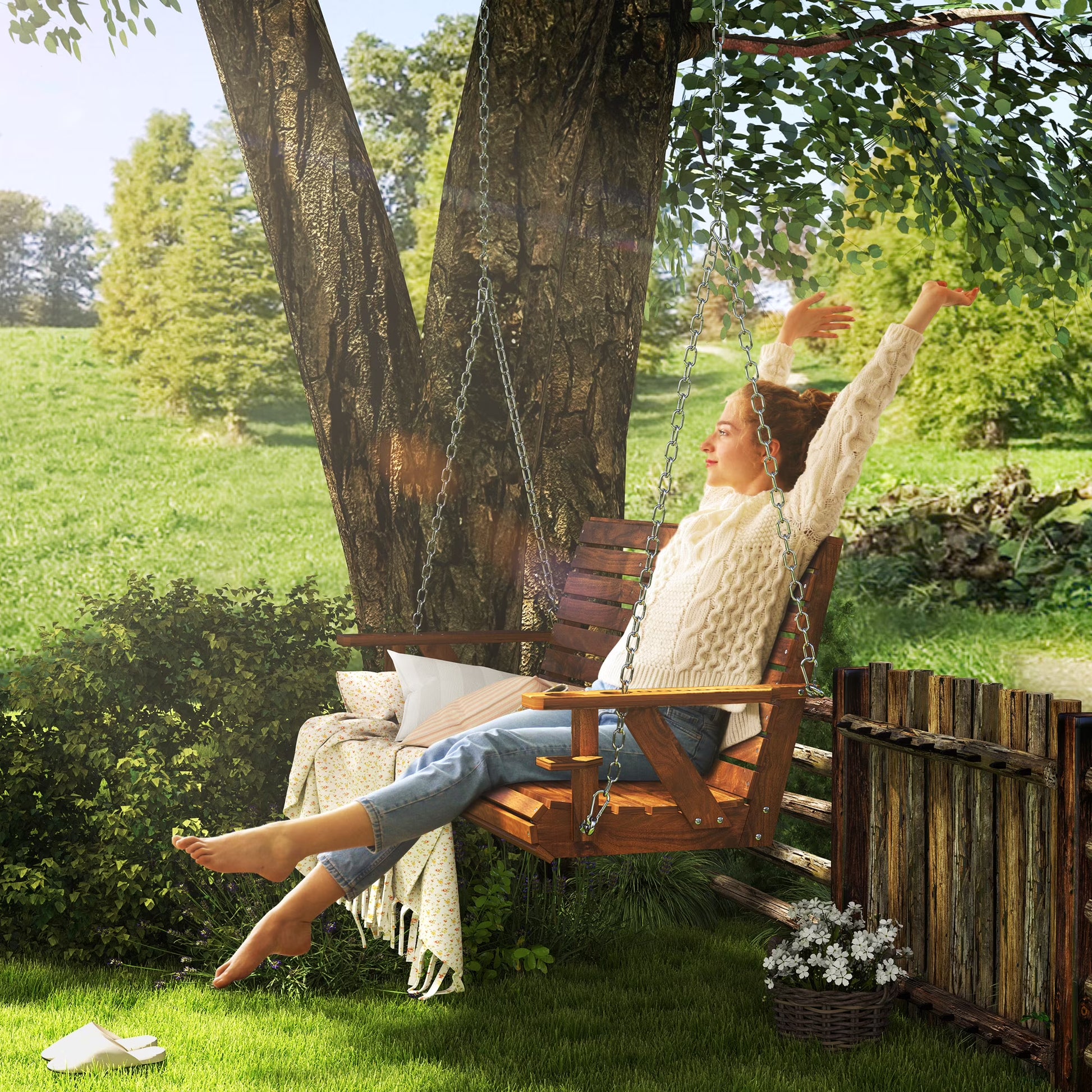 Outsunny Wooden Porch Swing 3-Seater, 5 FT Outdoor Patio Swing Bench with Cupholders, Nature Wood