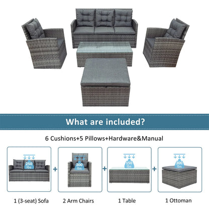 5 Piece Patio Furniture Sets, Outdoor Conversation Sets with Glass Coffee Table, Wicker Rattan Sectional Sofa Couch with Storage Bench, Ottomans & Cushions for Garden, Pool, Backyard, Gray
