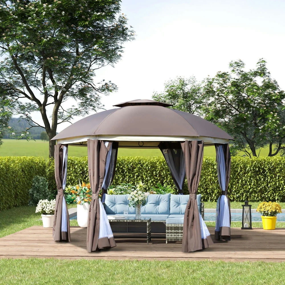 Aimee Lii 12' x 12' Round Outdoor Canopy Tent, Patio Dome Canopy Tent Canopy Shelter with Double Roof, Curtains, Zippered Doors, Strong Steel Frame, Shade Canopy, Outdoor Canopy, Brown