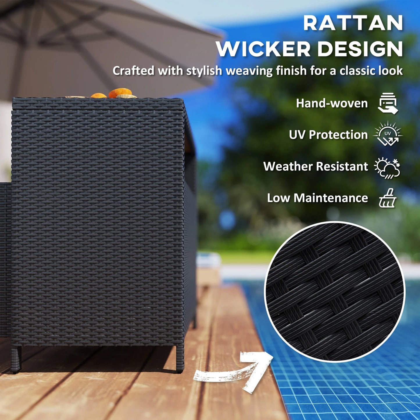 Outsunny Rattan Outdoor Storage Cabinet, Wicker Bar Table with Acacia Wood Countertop, Two Doors, Shelf, for Garden, Patio, Backyard, Black