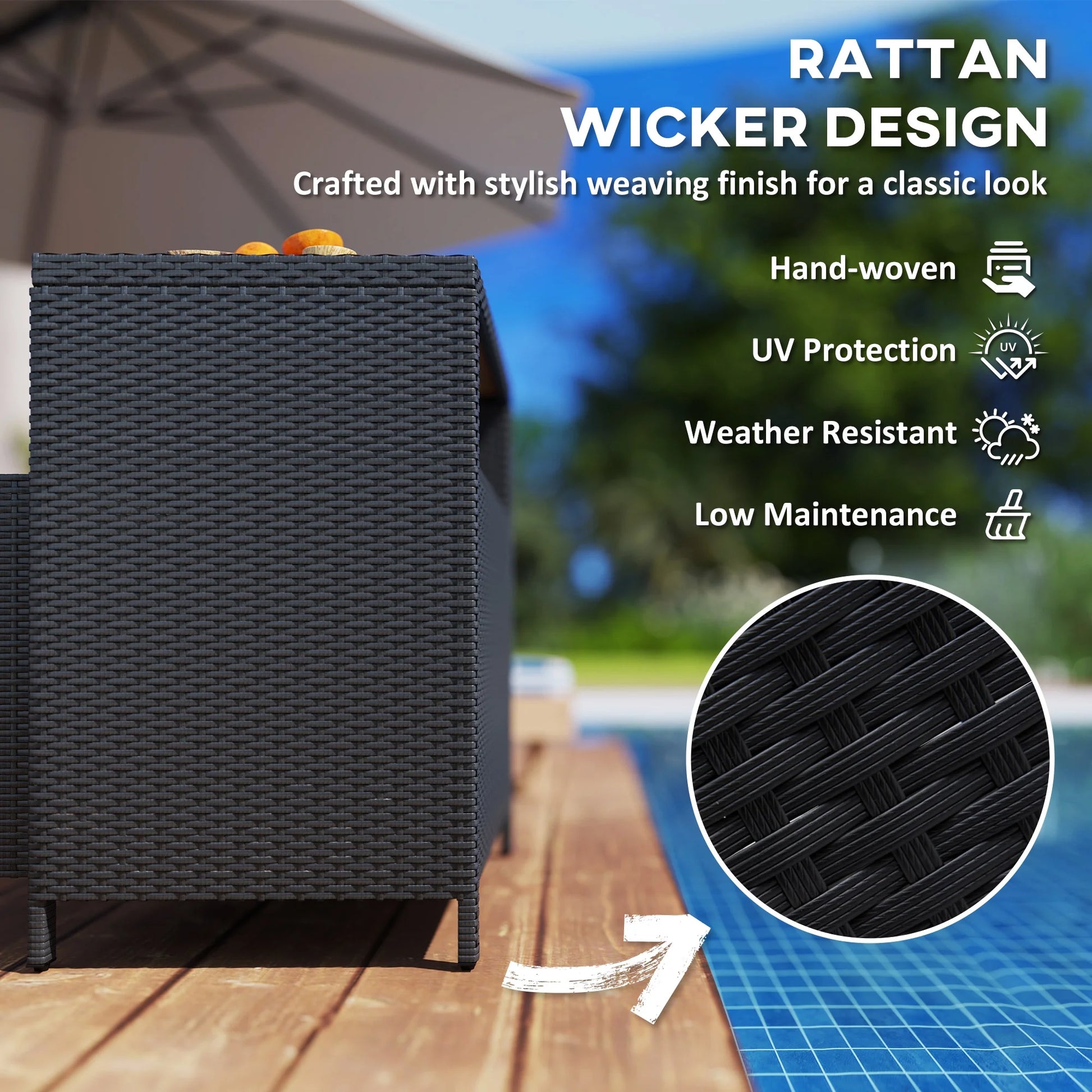 Outsunny Rattan Outdoor Storage Cabinet, Wicker Bar Table with Acacia Wood Countertop, Two Doors, Shelf, for Garden, Patio, Backyard, Black