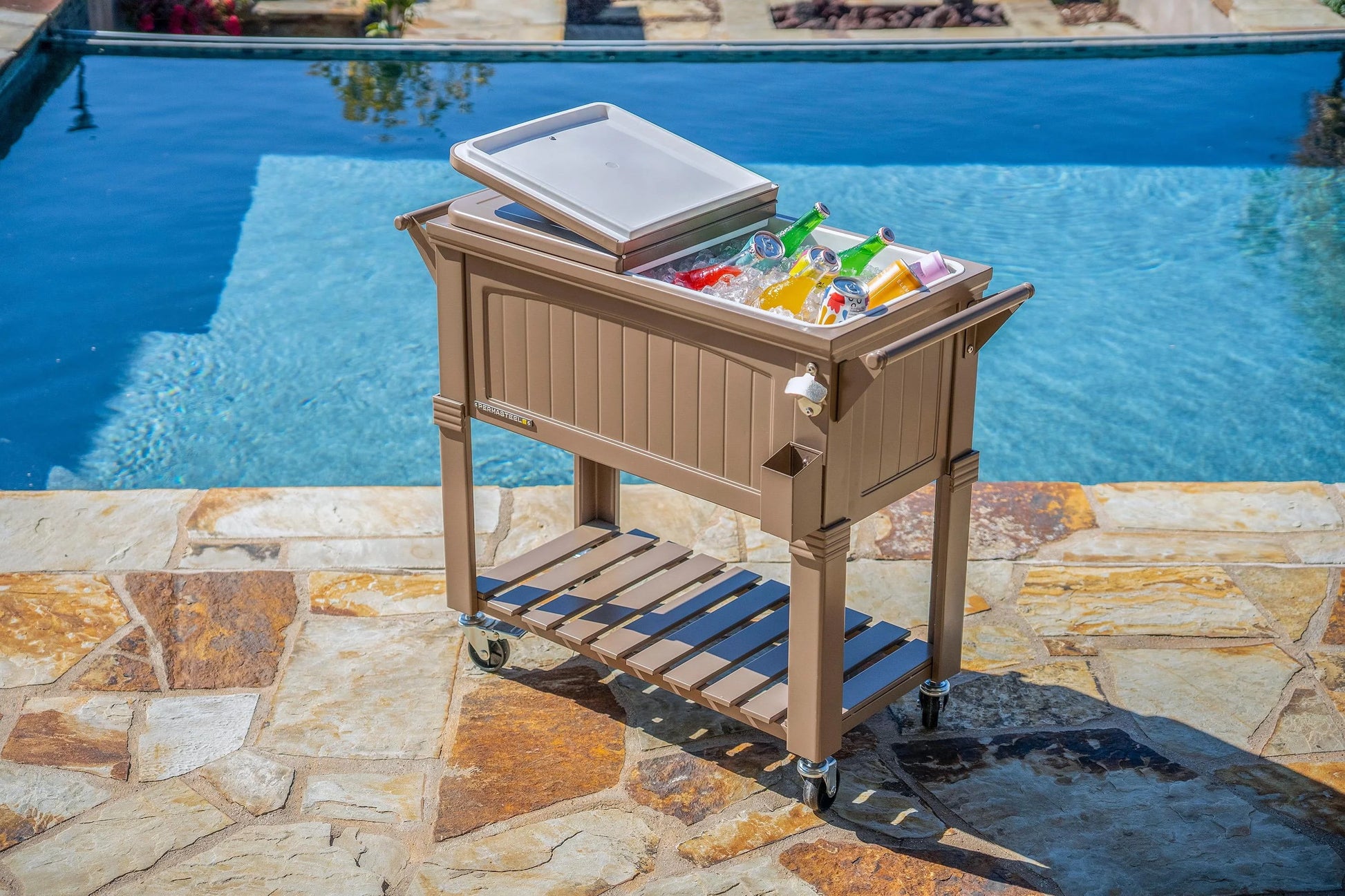 Permasteel 80-Qt Antique Outdoor Steel Patio Cooler on Wheels, Rolling Cooler Cart, Wooden Teak Style, Taupe