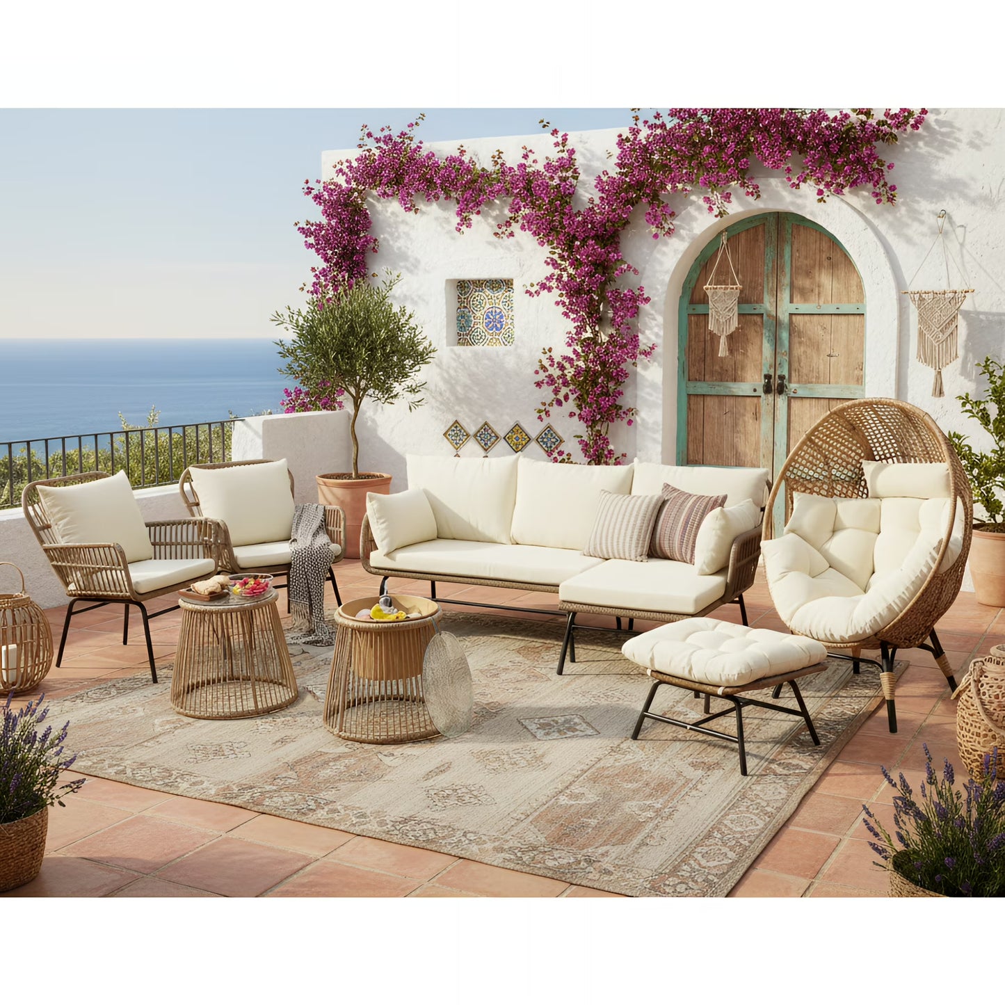 RADIATA 6-Piece Boho Patio Furniture Set, Outdoor Wicker Sectional Sofa Conversation Set with Ice Bucket & Coffee Table, 500lbs Capacity, Beige