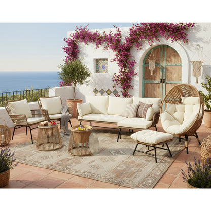RADIATA 6-Piece Boho Patio Furniture Set, Outdoor Wicker Sectional Sofa Conversation Set with Ice Bucket & Coffee Table, 500lbs Capacity, Beige