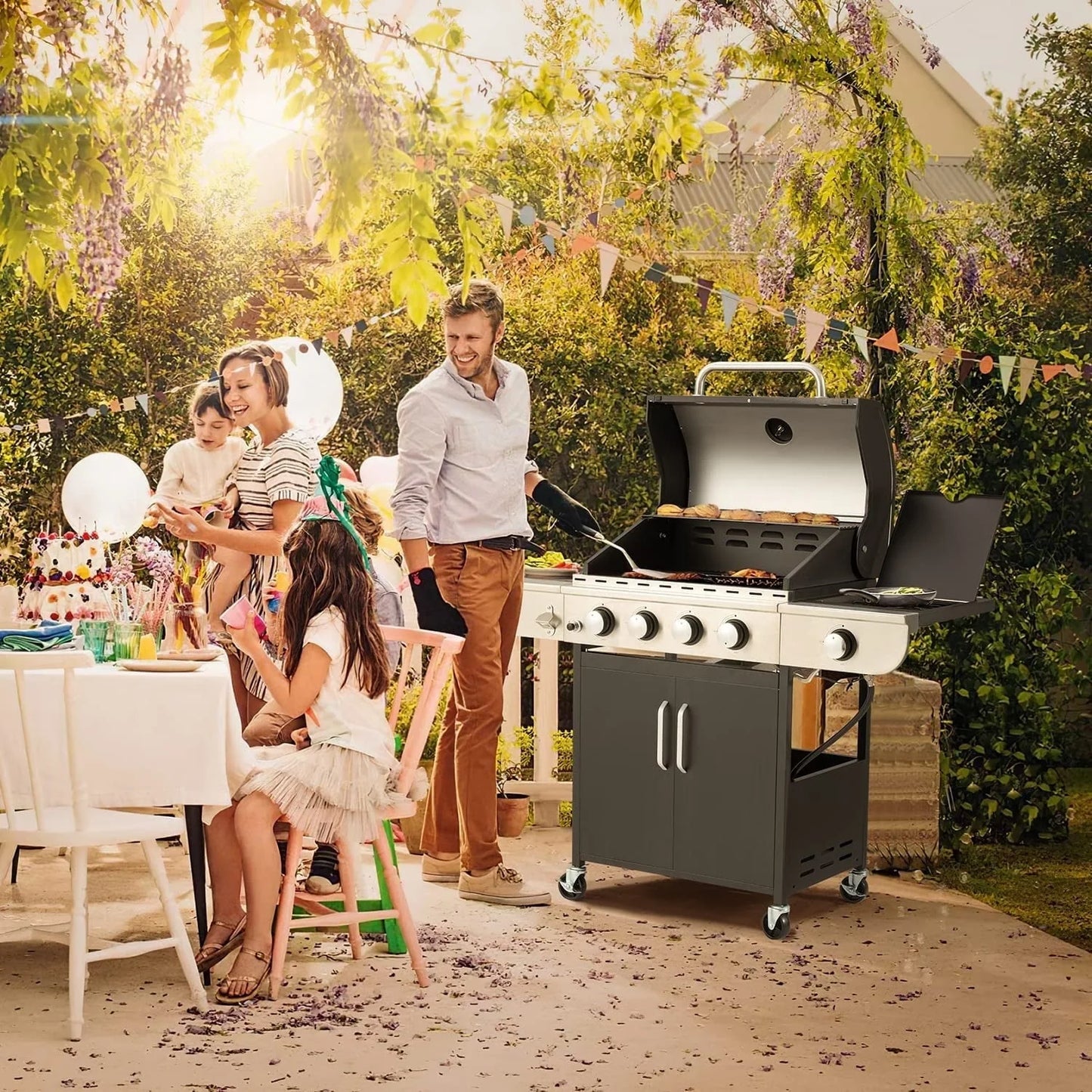 Erommy 3+1/4+1 Burner BBQ Propane Gas Grill, 24,000/36,000 BTU Stainless Steel Patio Barbecue Grill with Stove and Side Table 3+1 burner