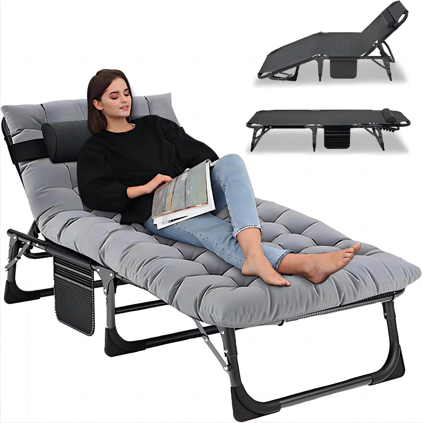 MOPHOTO Lounge Chair with Mattress, Outdoor Chaise Lounge Support 440 Lbs, Adjustable Portable Heavy Duty Sleeping Cots Bed for Camping, Pool, Beach, Patio