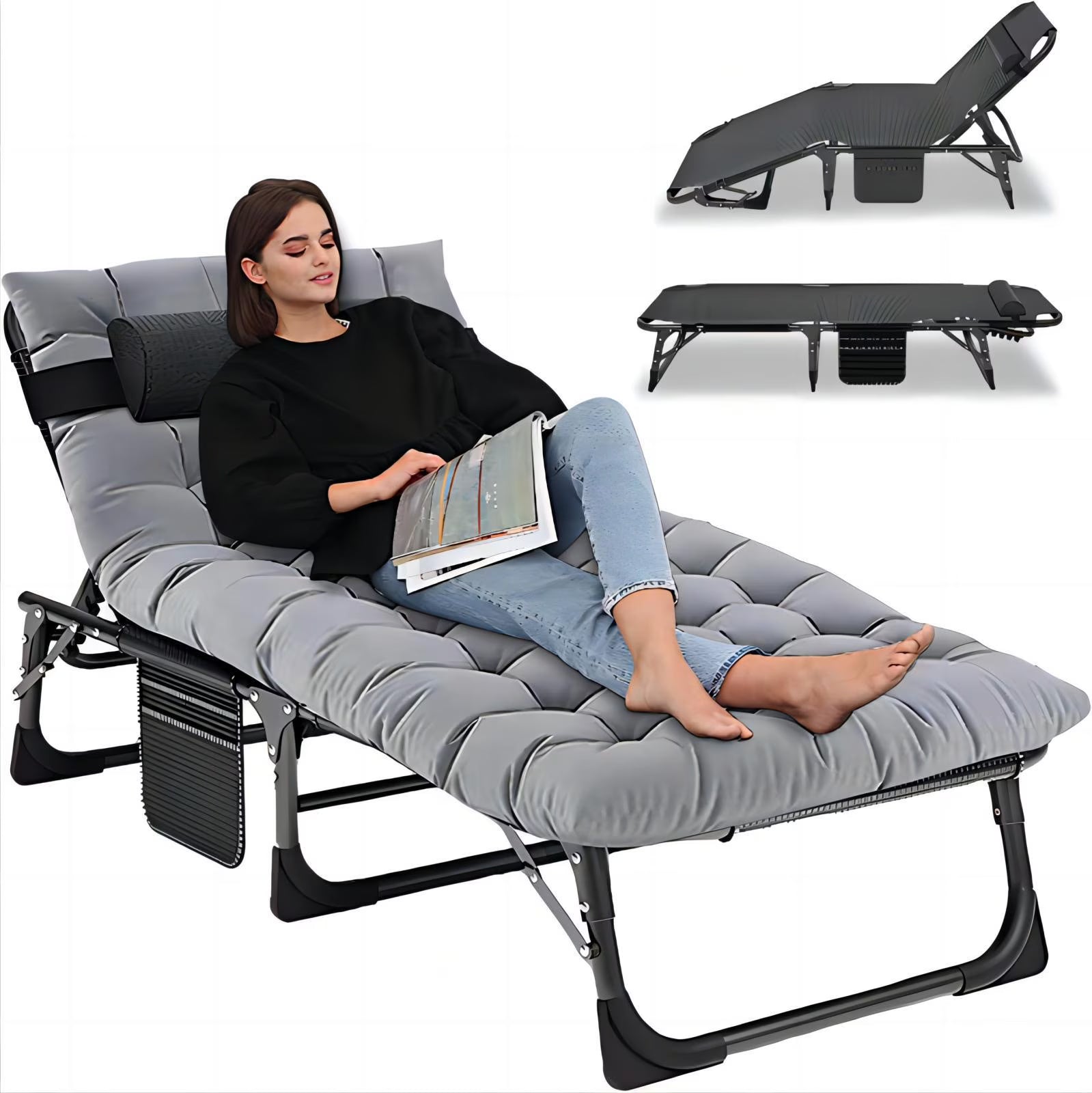 MOPHOTO Lounge Chair with Mattress, Outdoor Chaise Lounge Support 440 Lbs, Adjustable Portable Heavy Duty Sleeping Cots Bed for Camping, Pool, Beach, Patio