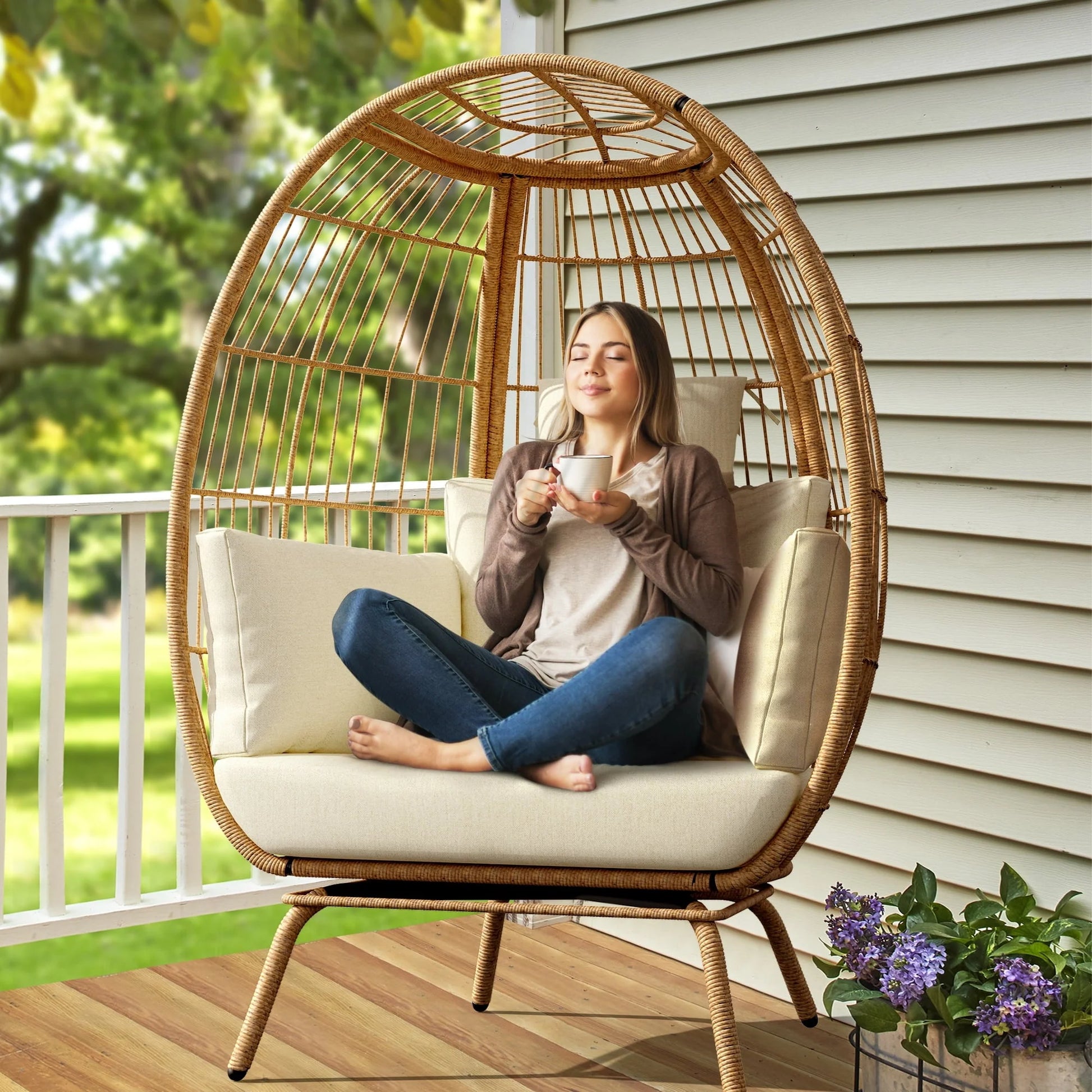 DWVO Wicker Egg Chair, Oversized Indoor Outdoor Lounger for Patio, Backyard, Living Room, Beige