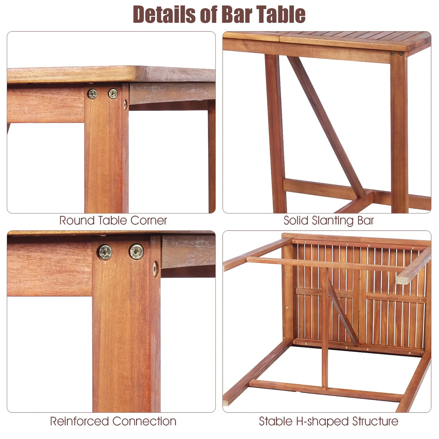 Costway 3PCS Bar Set Acacia Wood Bar Height Patio Bistro Dining Set Outdoor