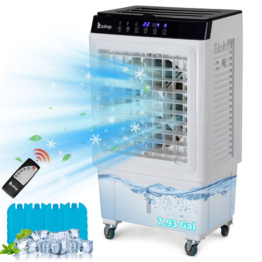 Evaporative Air Cooler, 2353CFM Portable Cooling Fan w/Humidifier, Indoor Outdoor Swamp Cooler for Home Patio, 7.9GAL Water Tank, 4 Ice Packs, 3 Speeds, 90?Swing