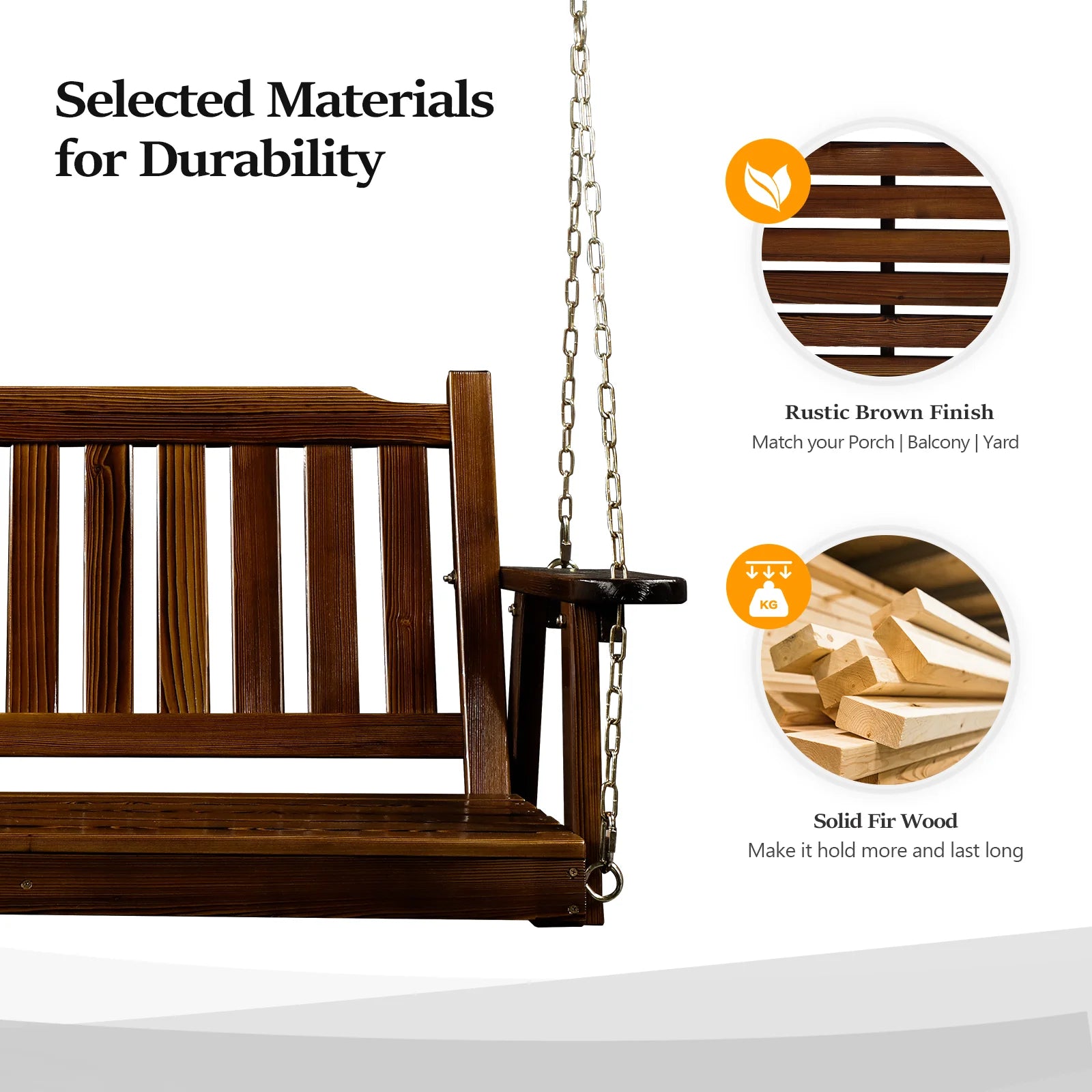 VINGLI Heavy Duty 880 LBS 4 FT Patio Wooden Porch Swing with Upgraded Adjustable Chains, Rustic