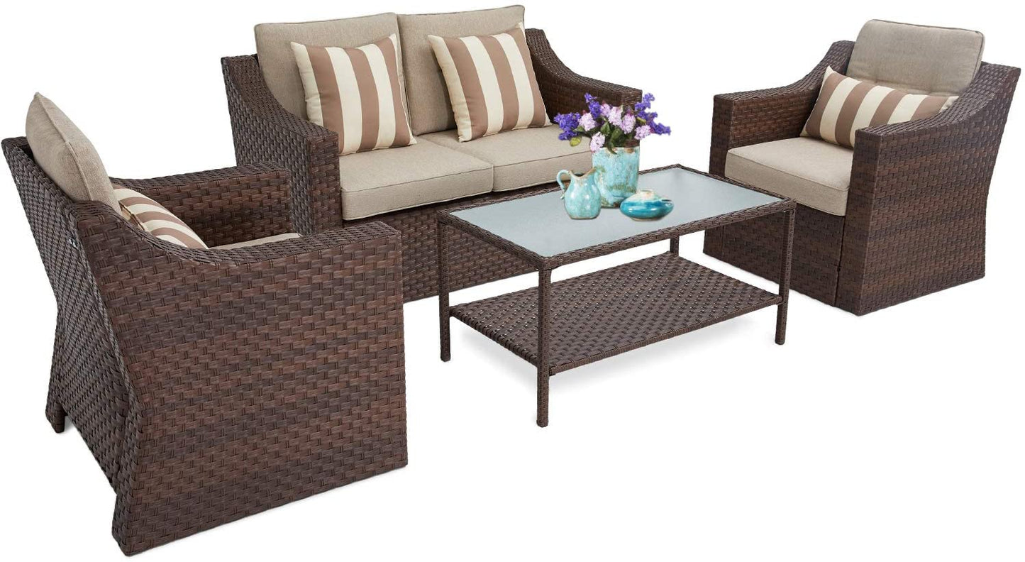 SUNCROWN 4 Piece Outdoor Patio Sectional Set ,Rattan Wicker Furniture Conversation Set (Brown)