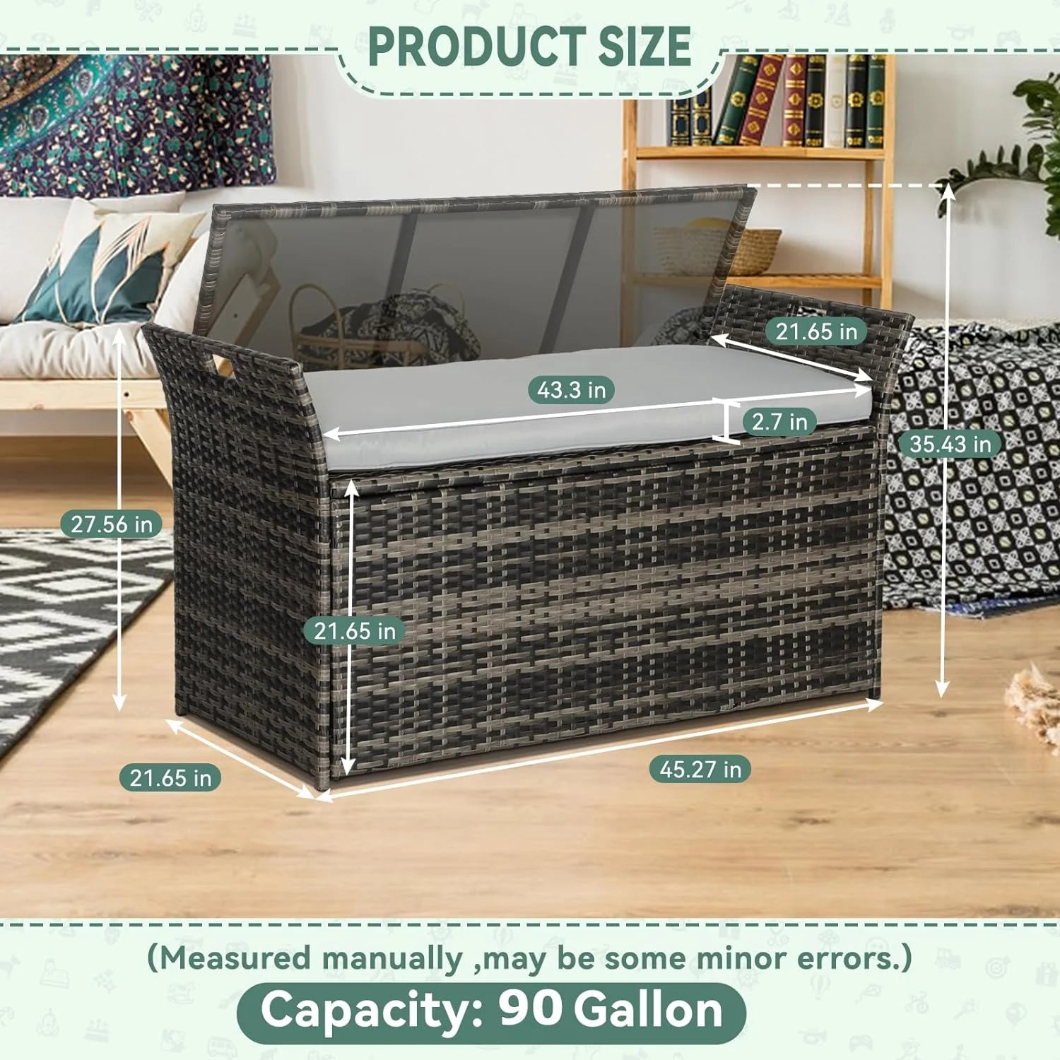 SOLAURA 90 Gallon Patio Wicker Storage Bench w/Cushion, Outdoor Rattan Deck Storage Box w/Handles & Hydraulics, Gray